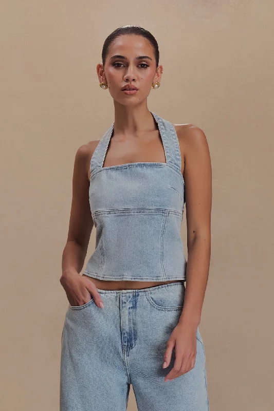 Dayna Denim Halter Top - Light Blue