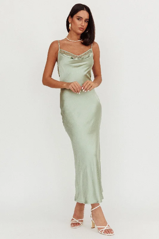 Gentle Touch Cowl Neck Satin Maxi Dress Sage