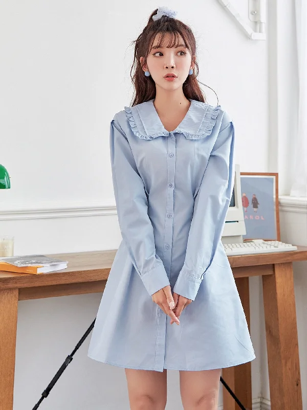 Plain Button Long Sleeve Peter Pan Collar Straight Short Dress