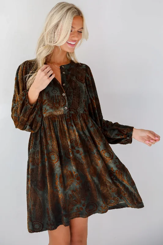 FINAL SALE - Gorgeous Whimsy Dark Green Velvet Floral Mini Dress