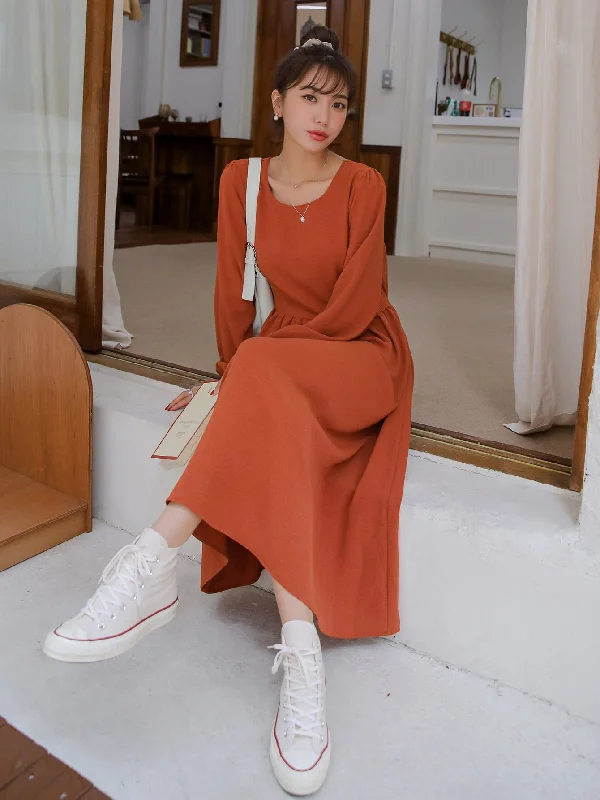 Plain Tie Back Long Sleeve Round Neck Flared High Waist Long Dress