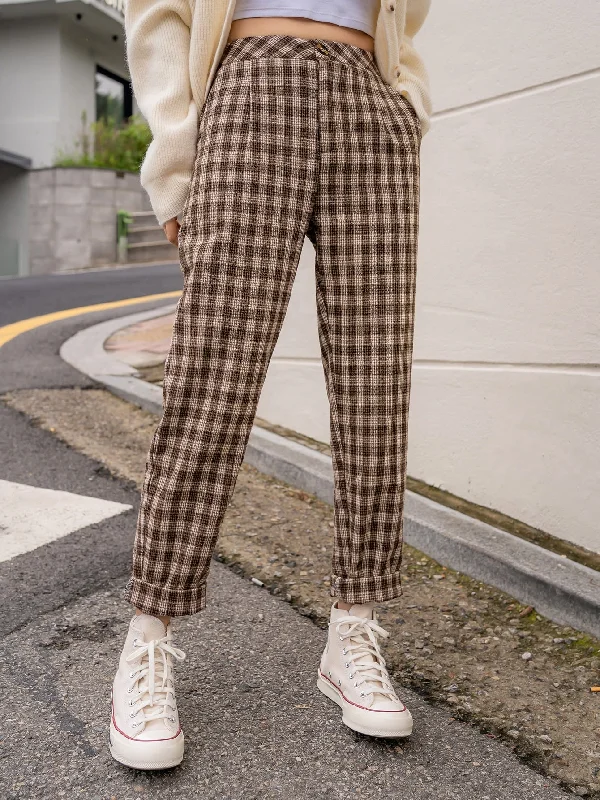 Casual Gingham High Waist Cropped Women Pants