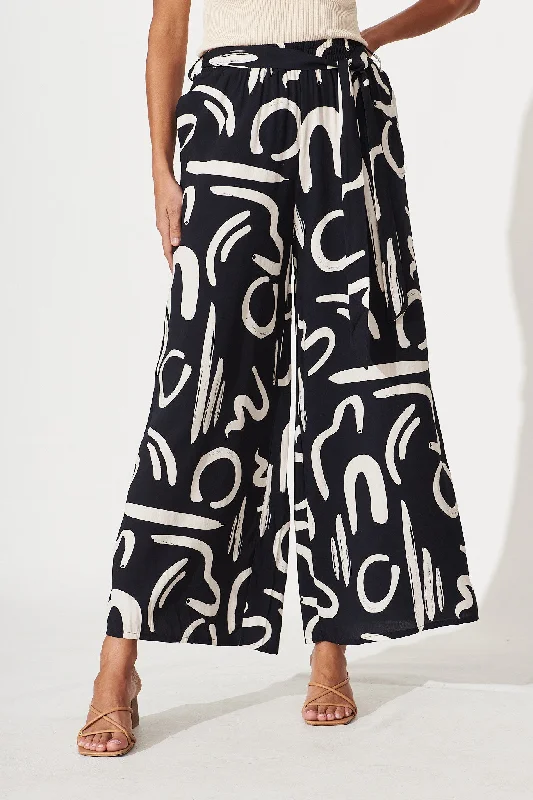 Mackillop Pant In Black With Cream Swirl Print Linen Blend