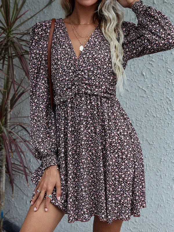 Ditsy Floral Ruched Long Sleeve V Neck Flared High Waist Short Dress