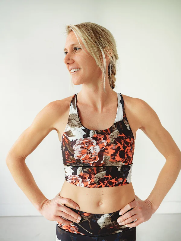 Black Floral Longline Sports Bra