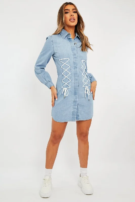 Blue Corset Lace Front Denim Mini Dress - Galya