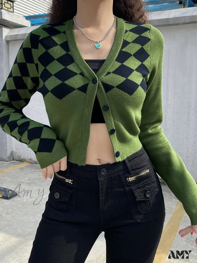 Amy Fashion - Fashion Plaid Green Cropped Knitted Cardigan