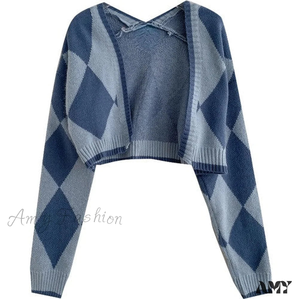 Amy Fashion - Black Blue Daily Plaid Knitwear Cardigan