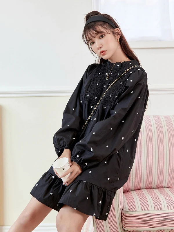 Heart Shirred Long Sleeve Stand Collar Flounce High Waist Knee Length Dress