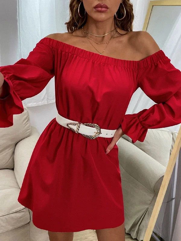 Plain Frill Long Sleeve Off The Shoulder Flared Natural Short Dress