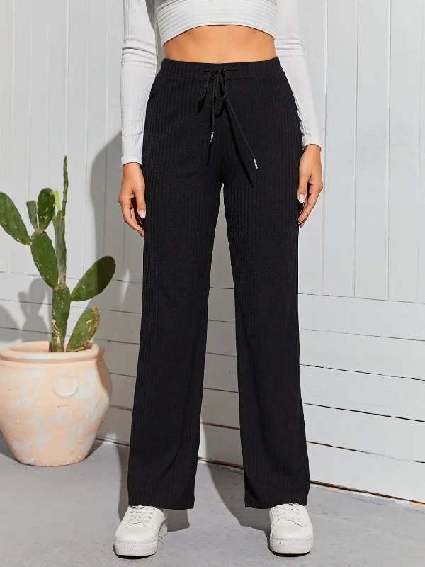 Casual Plain Drawstring Natural Long Women Pants