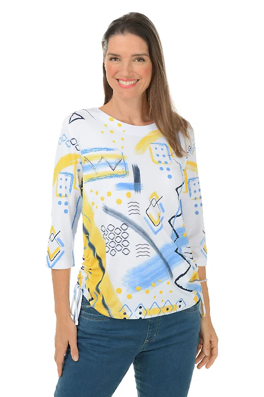 Yellow Abstract Diamonds Side Shirred Top