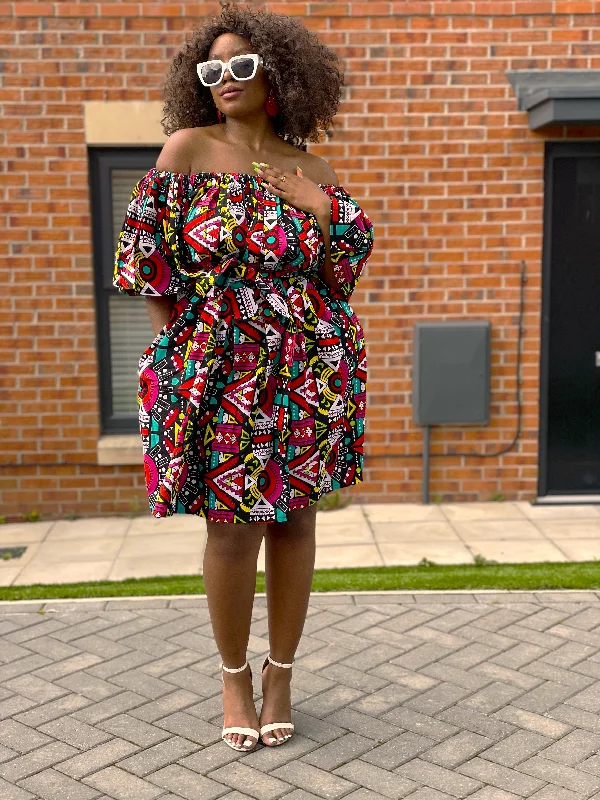 Bridget Ankara Off shoulder Midi Dress | Black and White Multicolored African Print