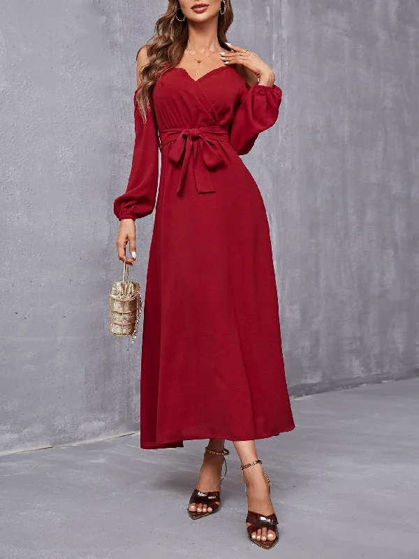 Plain Belted Long Sleeve Cold Shoulder Flared High Waist Long Dress