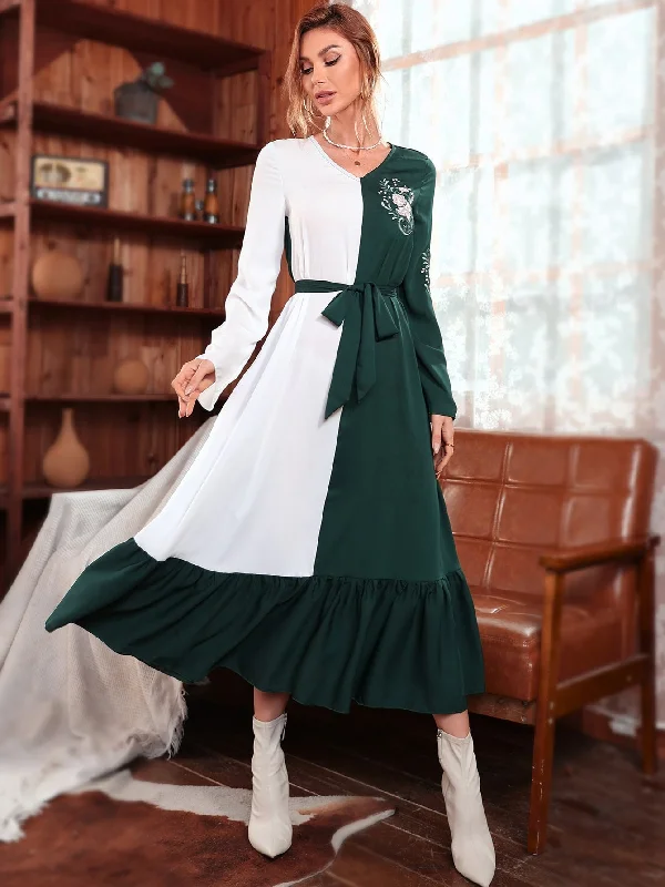 Colorblock Belted Long Sleeve V Neck Flounce High Waist Long Dress