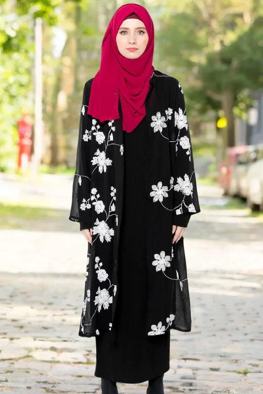 Black and White Embroidered Sheer Midi Cardigan-CLEARANCE