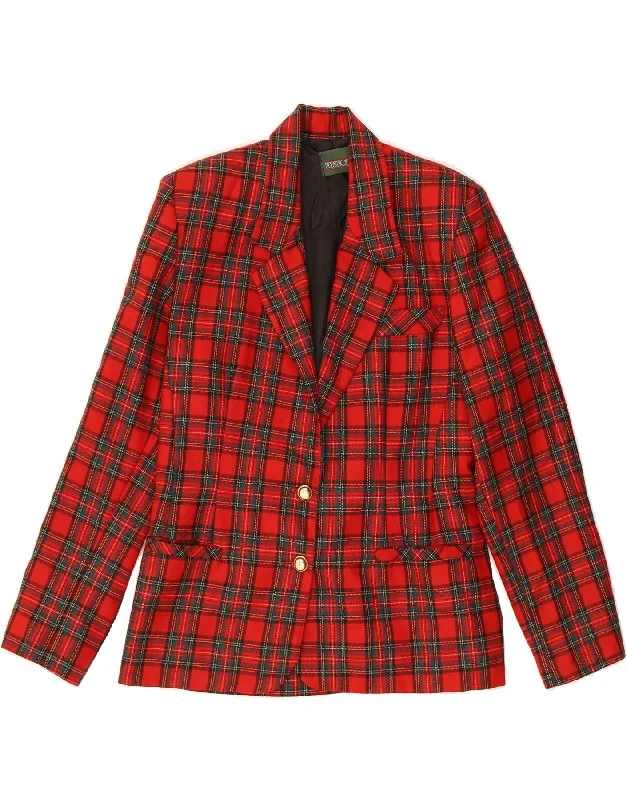 VINTAGE Womens Longline 2 Button Blazer Jacket IT 42 Medium Red Plaid Wool