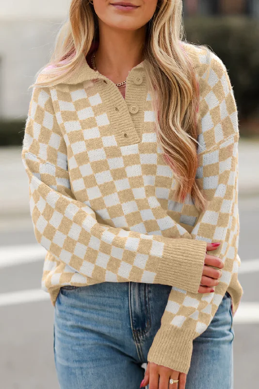 KaleaBoutique Checkered Buttons Collar V Neck Drop Shoulder Sweater