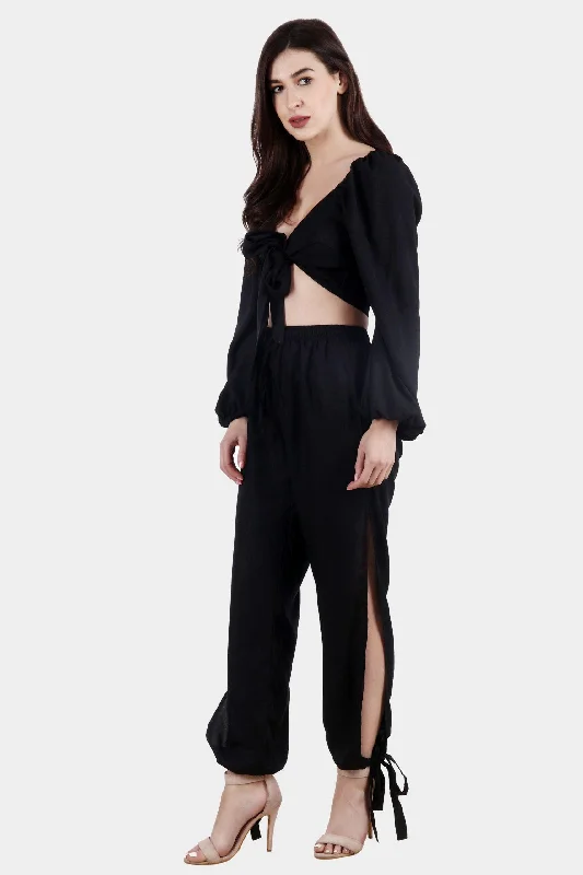 Black Solid Side Slit Rayon Bottom Tie Pyjamas