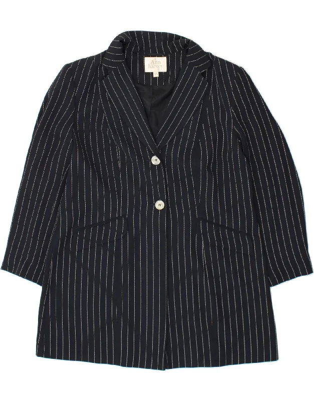 ANN HARVEY Womens Overcoat UK 16 Large  Navy Blue Striped Polyester