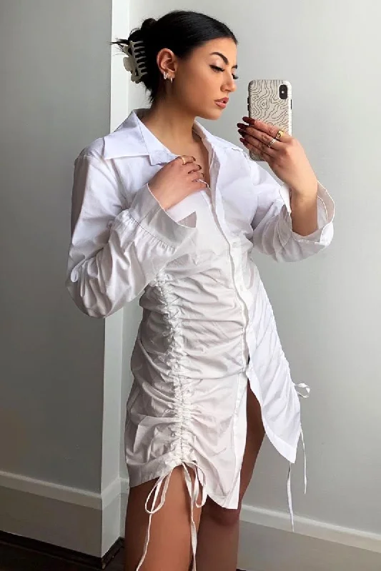 White Ruched Centre Shirt Mini Dress - Khylie