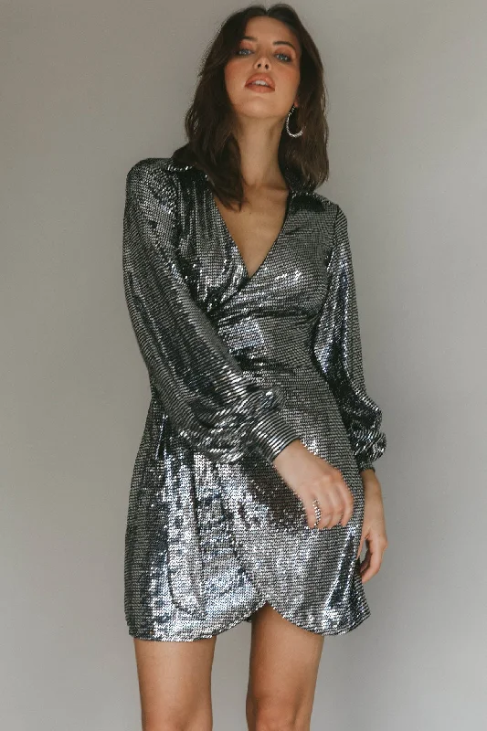 Ruma Faux Wrap Shirt Dress Sequin Metal