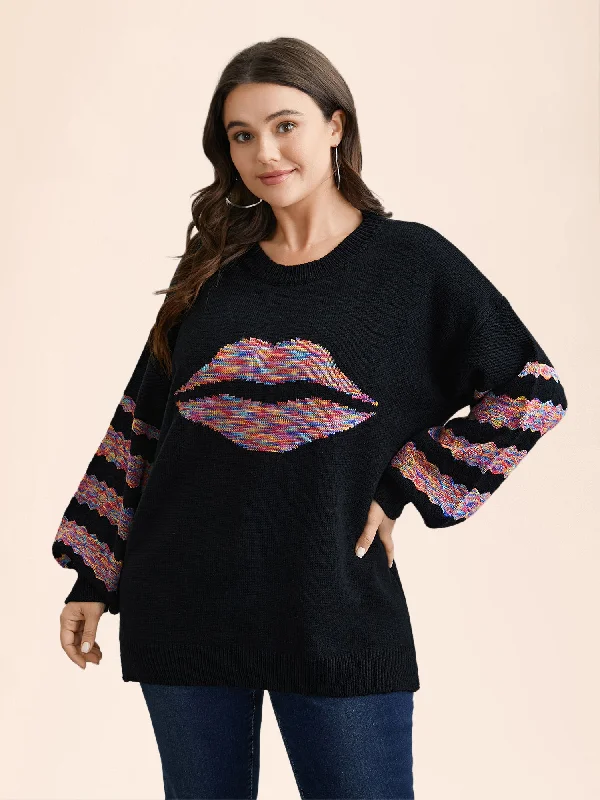 Lips Motif Jacquard Color Contrast Pullover