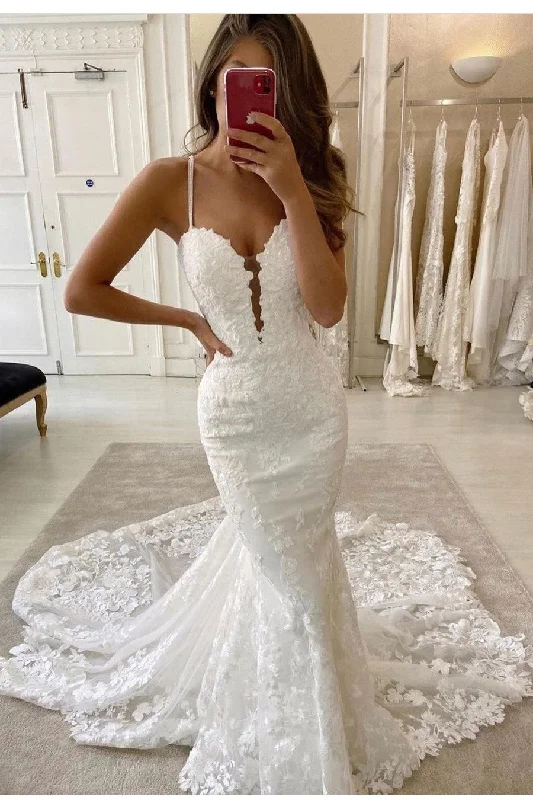 Romantic Lace Mermaid Wedding Dresses with Double Straps