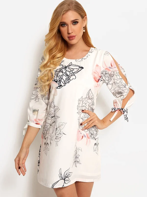 Wholesale White Round Neck 3/4 Length Sleeve Floral Print Cut Out Partially Lined Mini Dresses