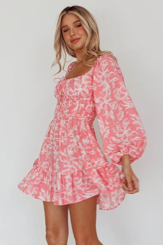 Amilie Shirred Long Sleeve Dress Floral Pink