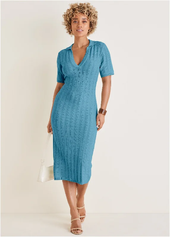 Pointelle Sweater Dress - Blue