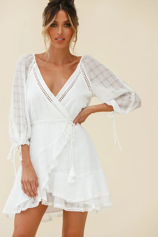 Wilde Balloon Sleeve Crochet Trim Dress White