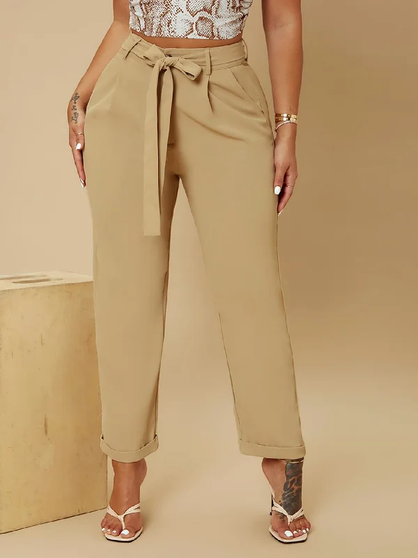 Elegant Plain Belted High Waist Cropped Women Pants