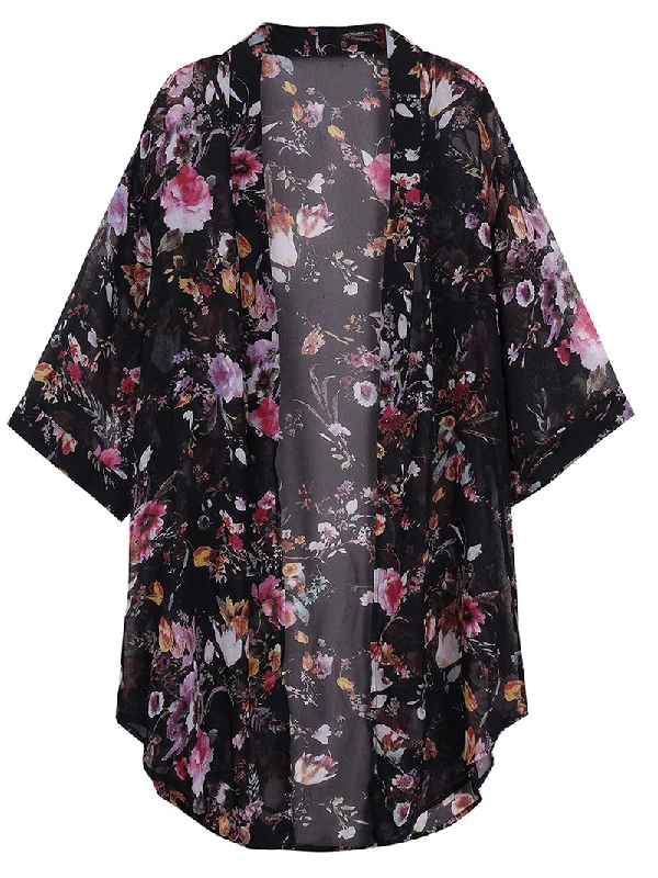 Bohemian Women Floral Chiffon Bikini Smock Sheer Cardigan