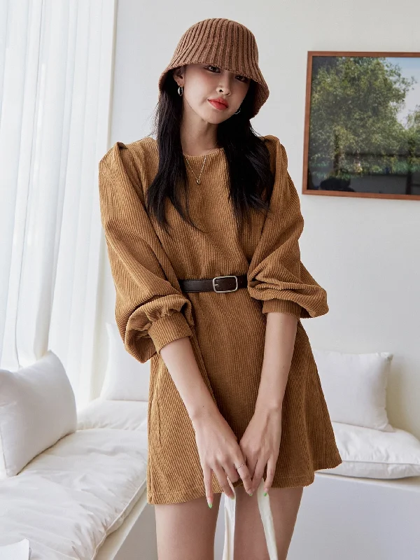 Plain Long Sleeve Round Neck Straight High Waist Short Dress