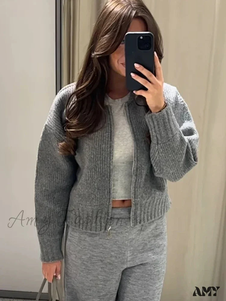 Knit Grey Zipper O-neck Long Sleeve Autumn Winter High Street Sweater