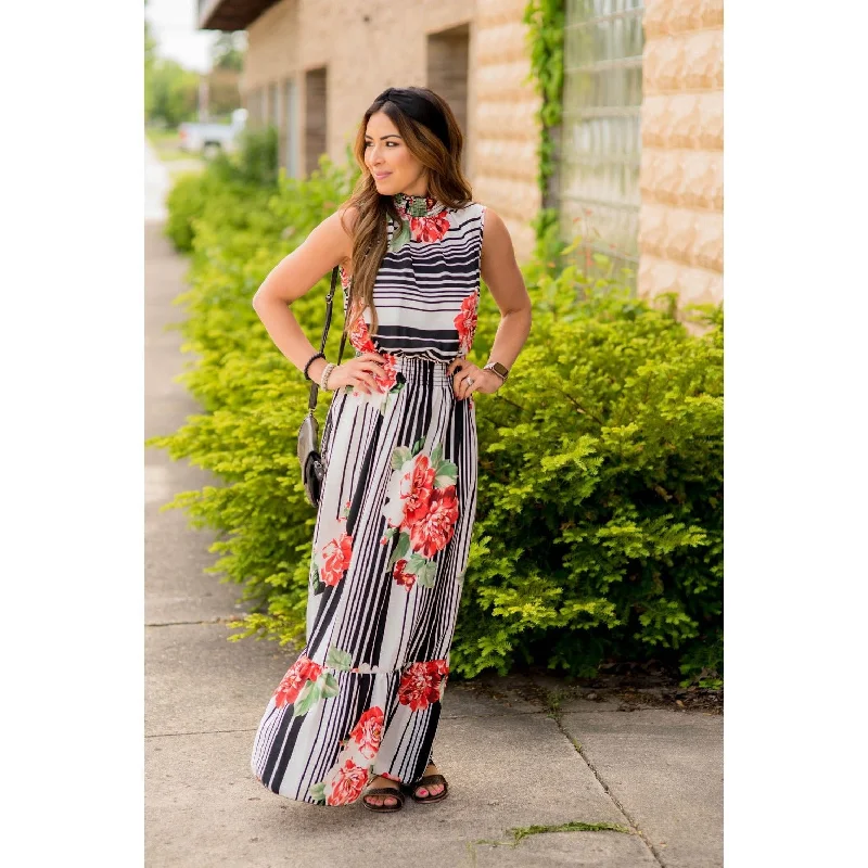 Floral Striped Ruffle Trim Tank Maxi