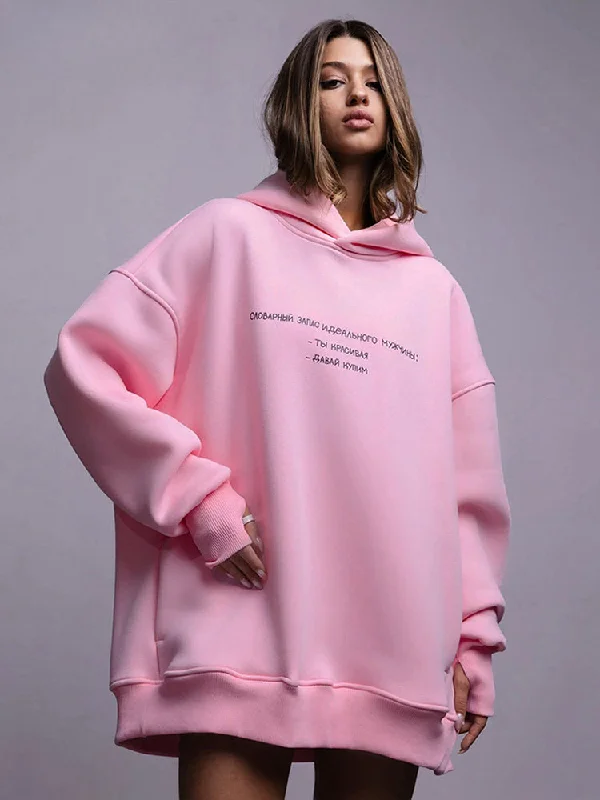 Letter Pink Oversized Hooded Casual Solid Sweatshirts Autumn Winter Ladies Loose Hoody